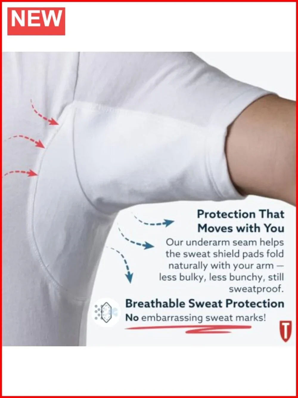 Sweatproof Cotton Crew Neck Undershirt for Men, Blocks Sweat & Stains